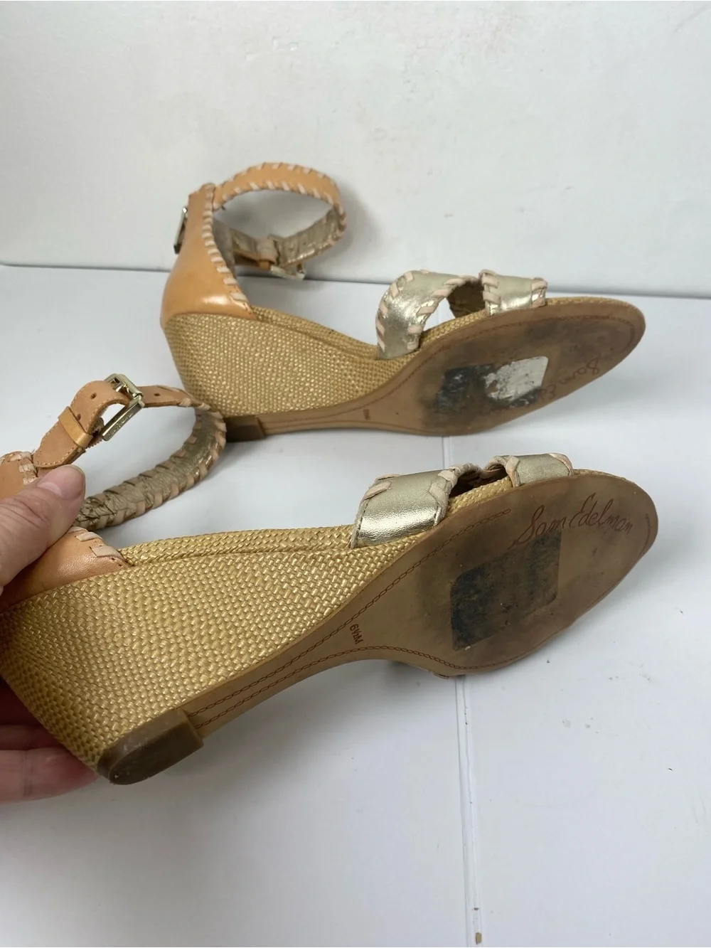 Sam Edelman Gold and Tan Wedge Sandals with Ankle Strap Flawed